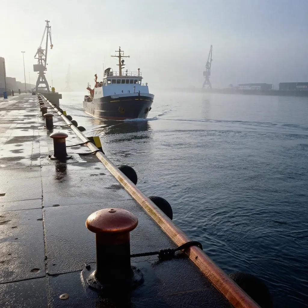 Liverpool dock basin at sunrise with a feeder vessel, bollards, fenders and misty cranes
