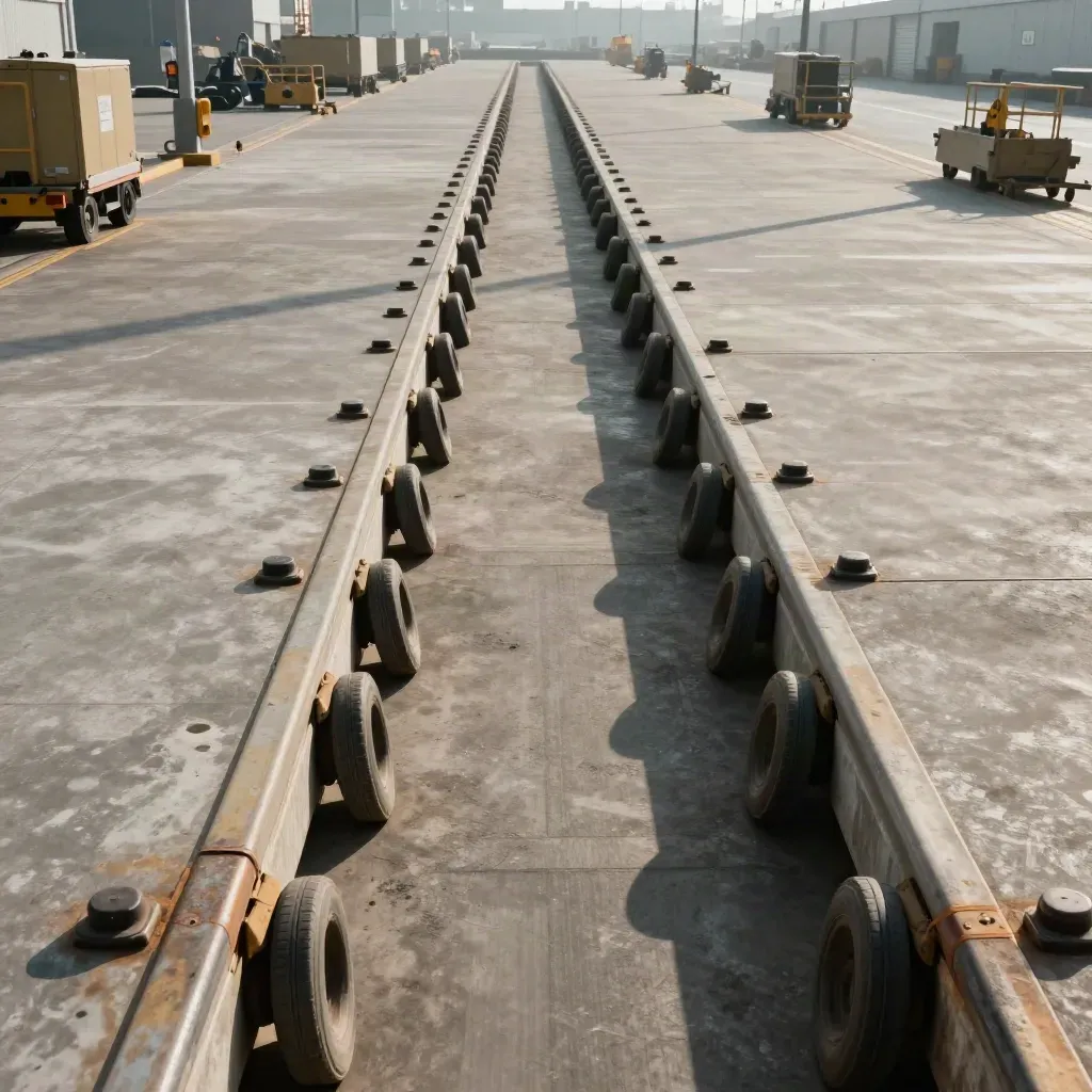 Cleared port terminal apron with aligned trailer bays and fenders in moody haze.