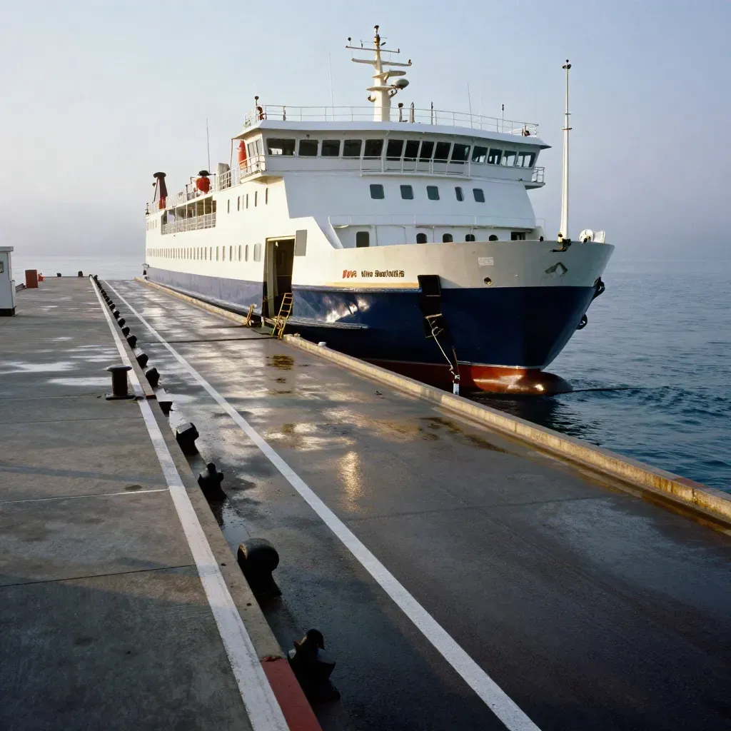 Evening ferry berth with ramps, lane markings and a vessel easing into the slot.