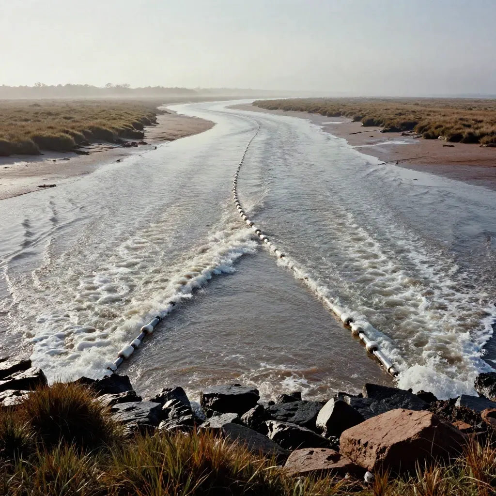 Two ferry wakes split cleanly through a misty tidal channel with buoy lines.