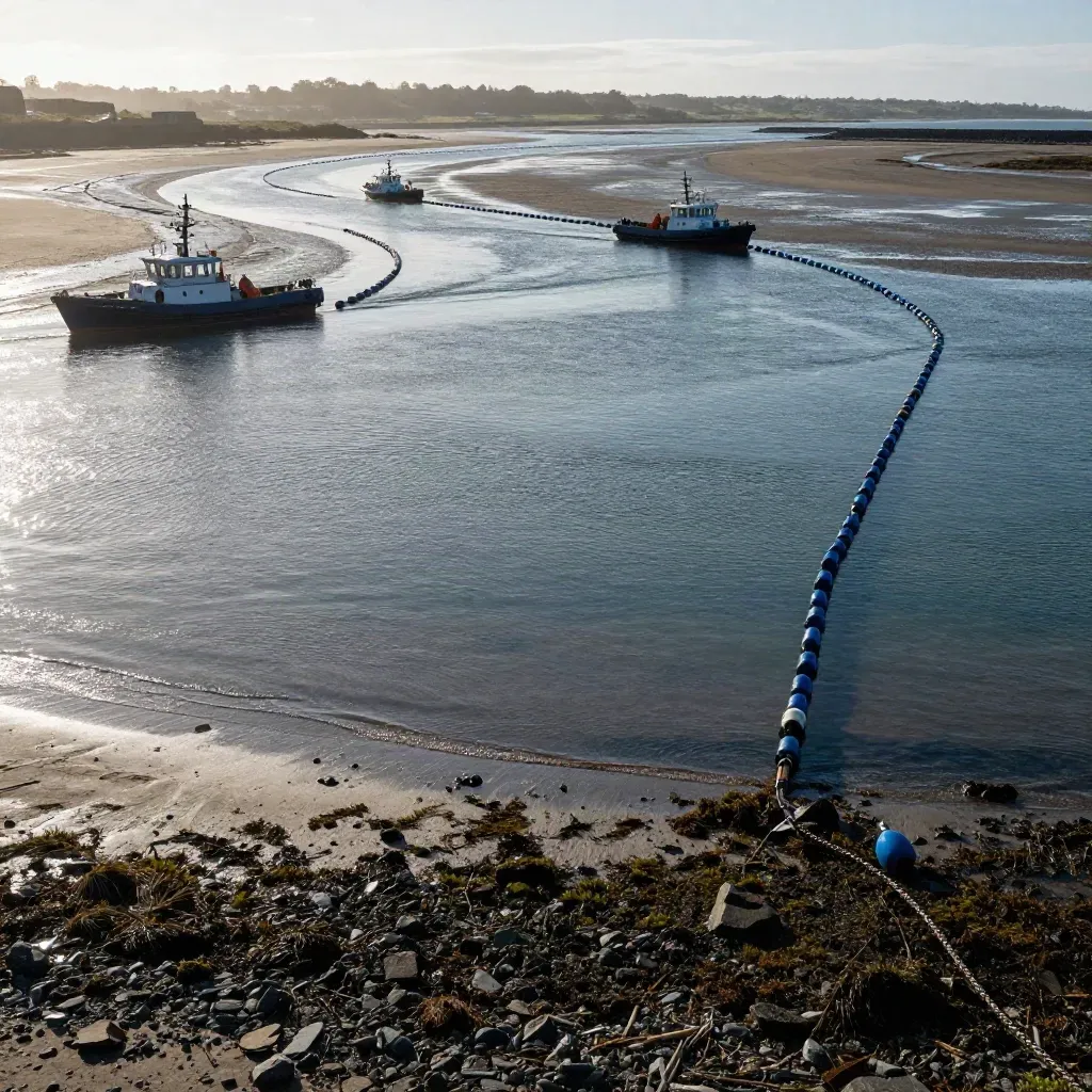 Estuary route plan with buoys and spaced vessels in late-afternoon haze