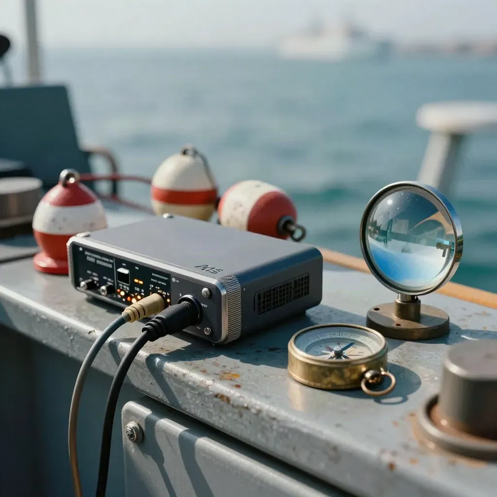 Extreme macro of marine traffic tools: AIS receiver, channel buoys, compass and radar reflector