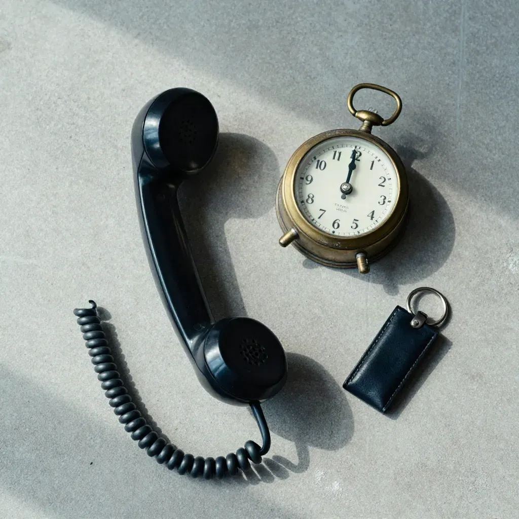 Overhead flatlay of a dockside handset, tide clock, and key fob on concrete