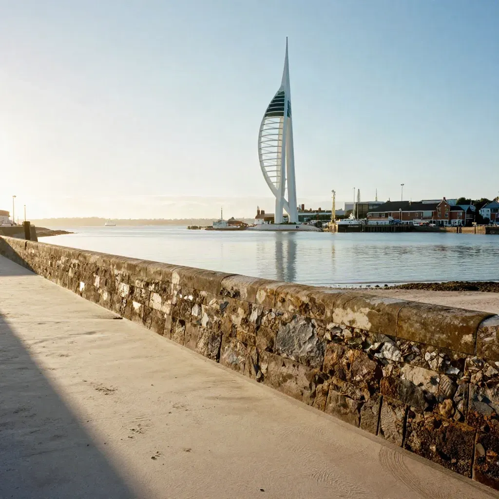 Portsmouth harbour and the Solent at golden hour with the Spinnaker Tower in haze